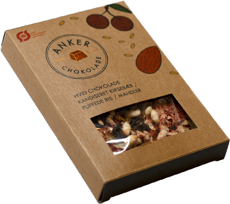 Anker Chokoladeplade, kirsebær, puffed ris og mandler, 100 gr
