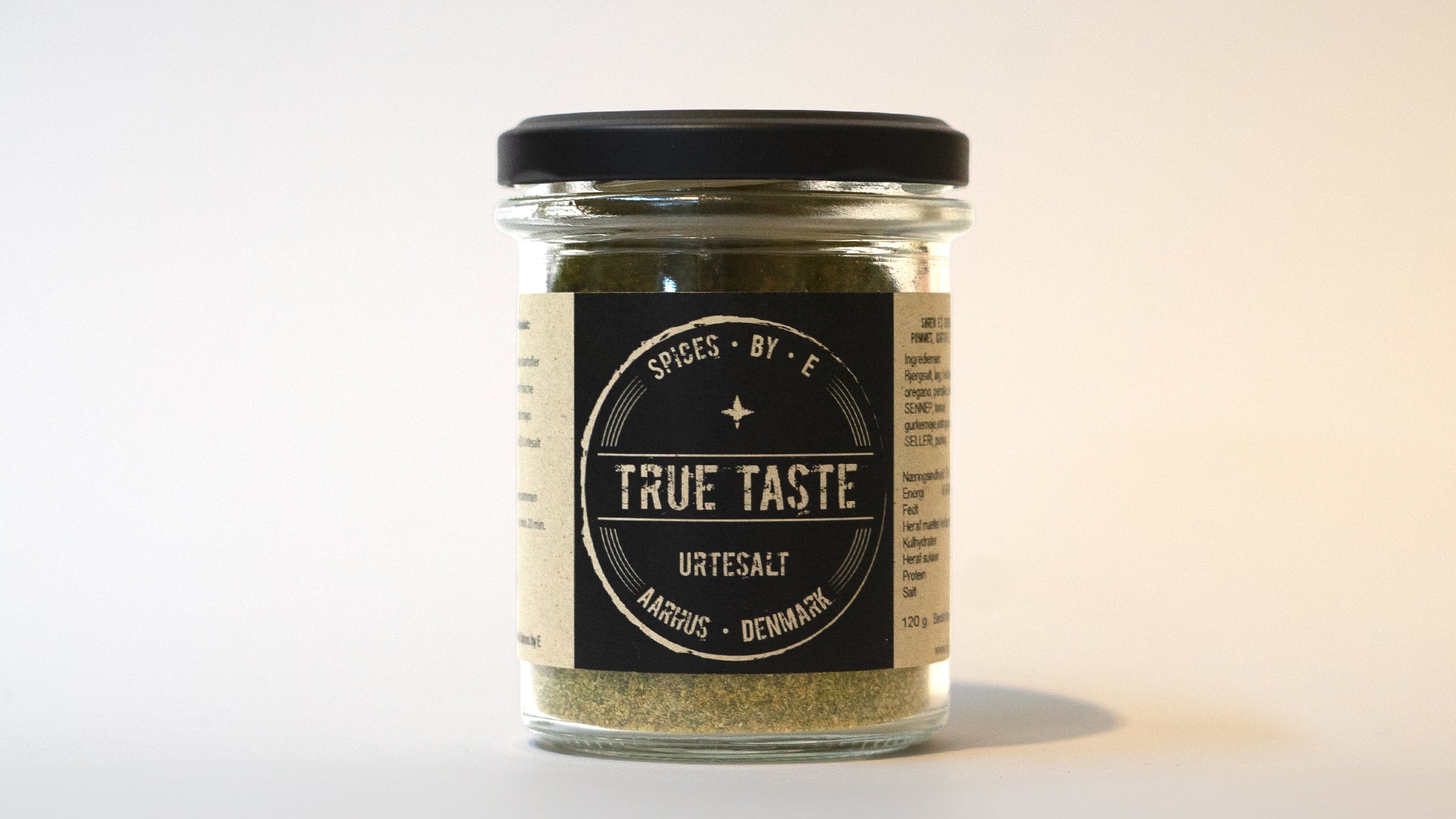 True taste spices by E søren E's urtesalt krydderiblanding til madlavning i genanvendelig flaske på 120g